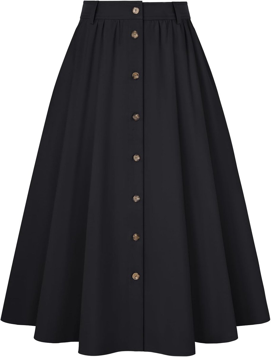 Poque Dames Knoop Front Elastische Taille A-lijn Rok met Zakken Casual Basic Effen Kleur Midiskirt
