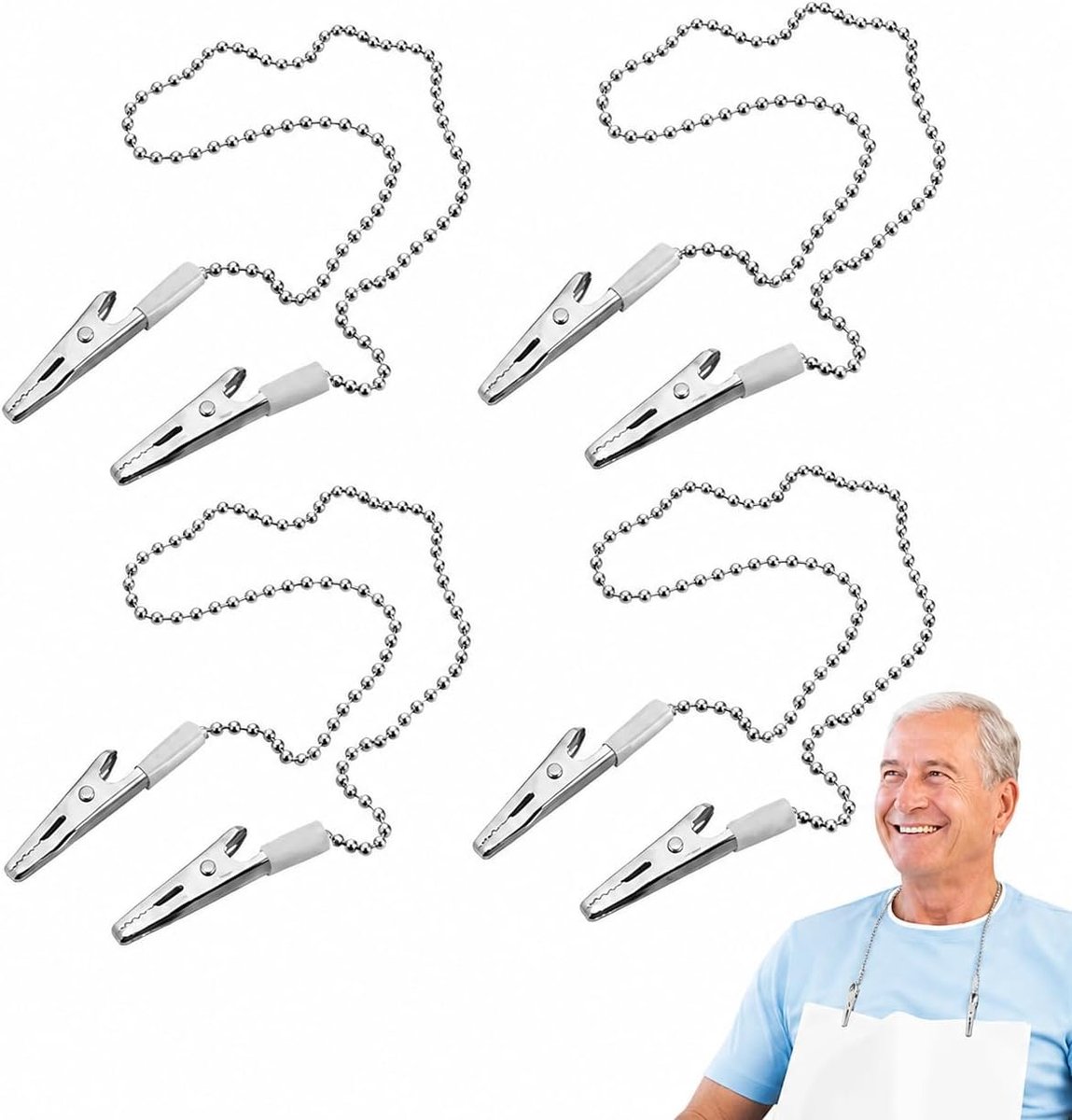 4 Stuks Servettenketting Met Clip – Zilveren Servetkettingen Van Metaal Voor Senioren En Volwassenen – Verstelbare Servethouder Ketting Met Sterke Servetclips Voor Eten, Verzorging En Restau
