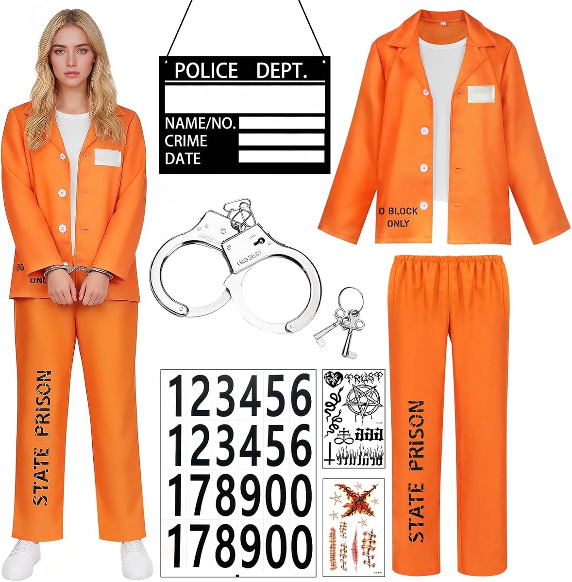 Gevangenenkostuum voor dames, oranje prisoner-kostuum, carnavalskostuum voor dames, gevangenenkostuum met naamplaatje en handboeien, gevangenis voor volwassenen, cosplay, Halloween, carnaval