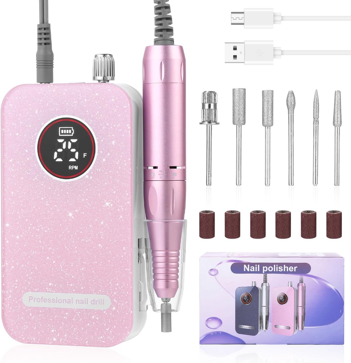 Elektrische nagelvijl, Oplaadbare nagelboor 45000 RPM, Braagbare nagelfrees set voor manicure, met 6 nagelboorbits en LED-display, voor acrylnagels gelnagels, Thuissalon, Roze