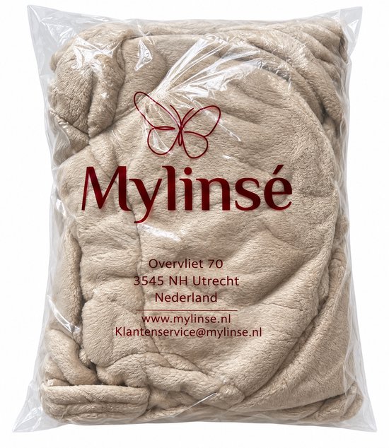Bruine Mylinsé badjas in plastic verpakking met logo.