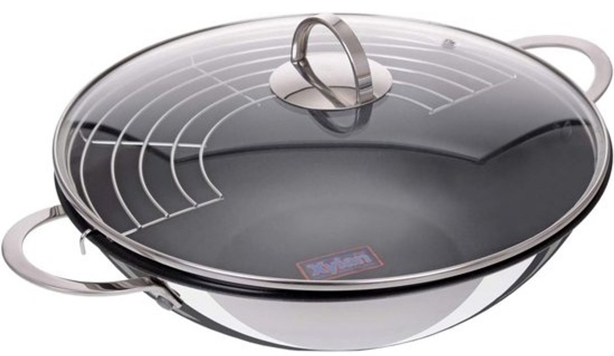 Wokset 32 cm met antiaanbakcoating, glazen deksel en legrooster