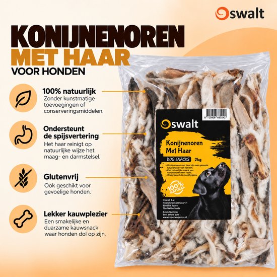 Een zak van 2 kg konijnenoren met haar voor honden, 100% natuurlijk.