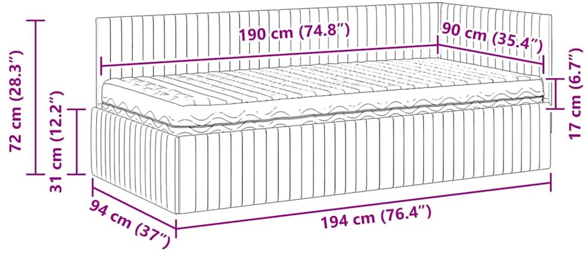 vidaXL Hoekbedframe - met - Matras - 2 - st - Donkergrijs - 90 - x - 190 - cm - Fluweel