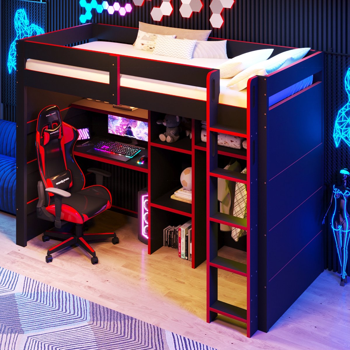 FloraGrace Hoogslaper 90x200 cm - Met Bureau, Kledingkast, LED Verlichting en USB Laadpunt - Zonder Matras - MDF - Zwart Rood