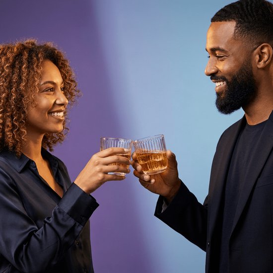 Un homme et une femme trinquent avec des verres à côtes verticales. Ils sourient.