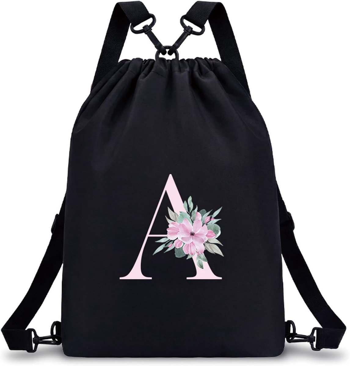 Gepersonaliseerde Initial Bloemen Trekkoord Tas voor Vrouwen, 4-in-1 Converteerbare Gym Rugzak (Rugzak/Crossbody/Schouder/Handheld), Waterbestendige Sport & Reisrugzak met Binnenzak,, Zwart, M