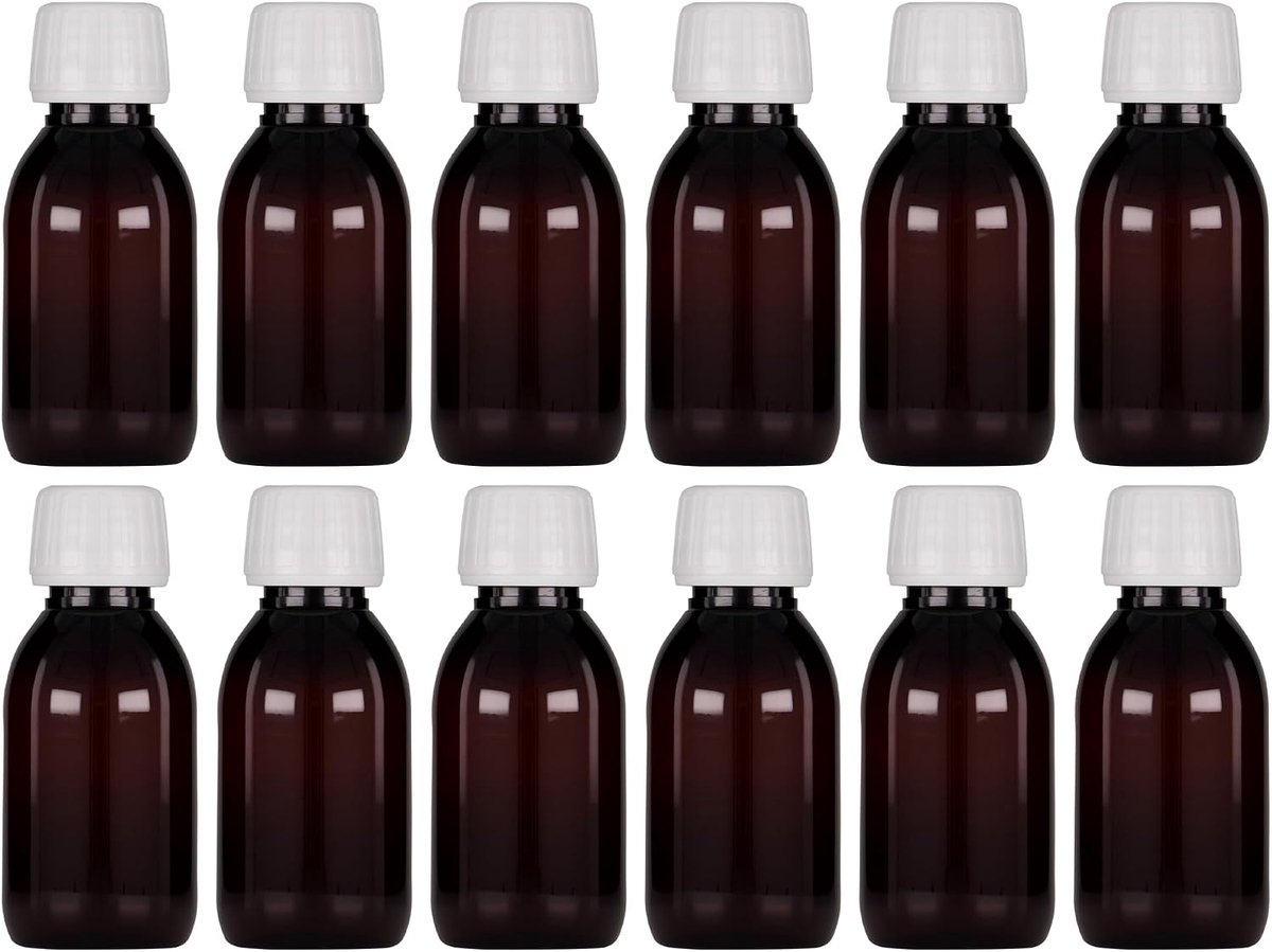 100 ml PET medicijnflessen, bruin met witte schroefdoppen, set van 12