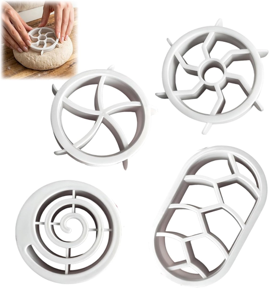 4 stuks broodstempels, broodvorm, bakaccessoires, geschikt voor ingrediënten zoals brood, koekjes en baozi, met 4 selecteerbare patronen, veelzijdig inzetbaar en een nuttige hulp bij het bakken