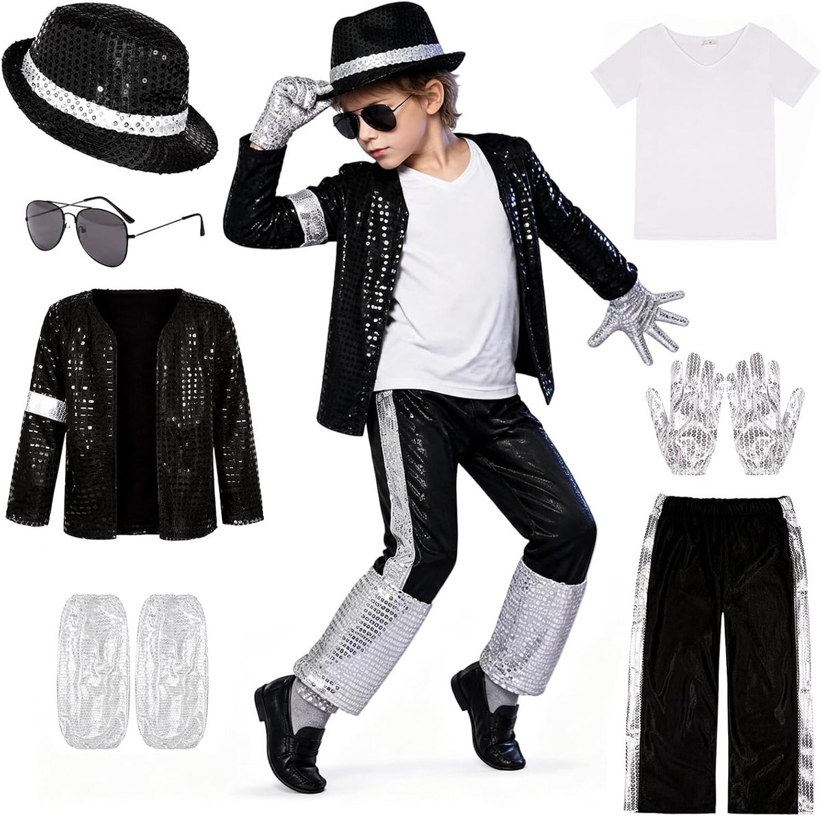 Retro Popster Kostuum Set voor Kinderen - 7-delig Outfit met Sequin Jas en Gestreepte Broek voor Halloween en Carnaval, Geschikt voor Kinderen 4-12 Jaar