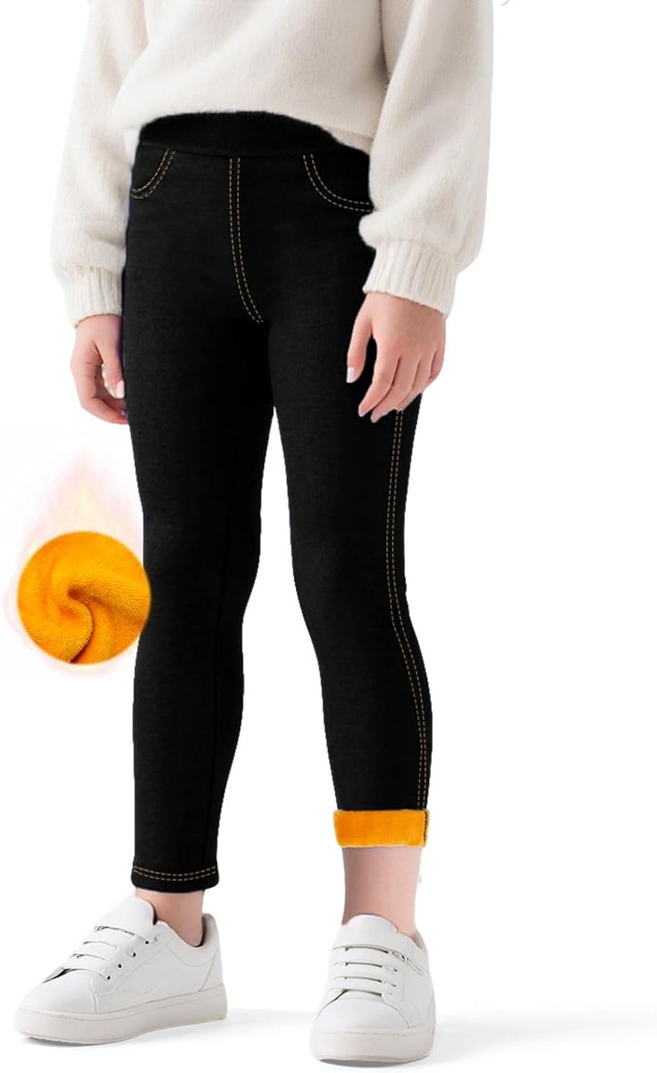 Leggings meisjes jeanslook gevoerde thermoleggings met fleece kinder winter warme lange broeken met zakken jeggings thermobroeken winterleggings, 4-11 jaar, maat 104-146