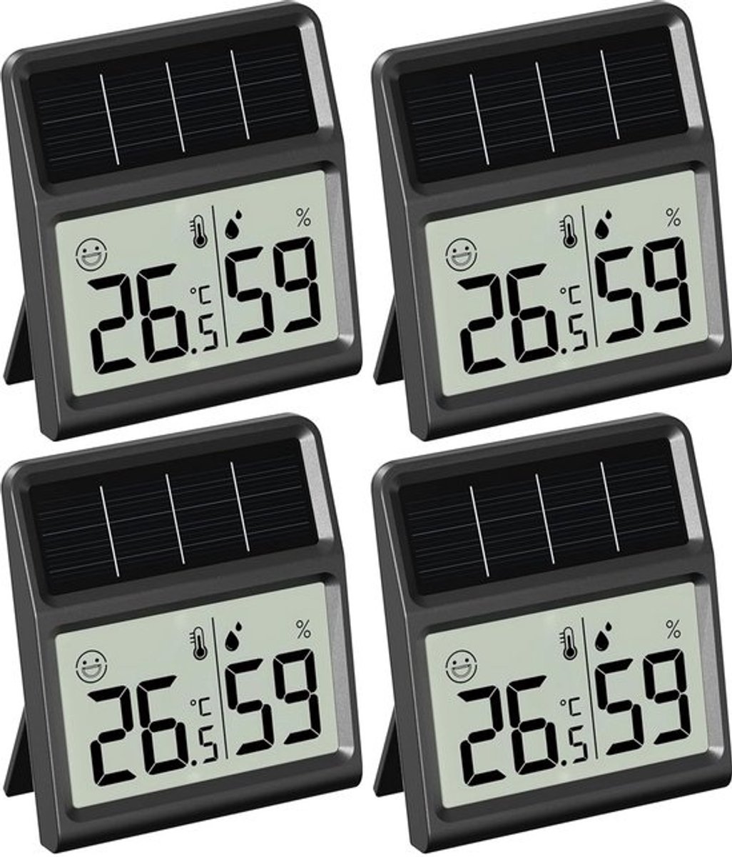 Digitale Thermometer Hygrometer - Temperatuur Vochtigheid Sensor - Klimaat Monitoren - Zonne-energie Aangedreven - 4 Stuks - Zwart
