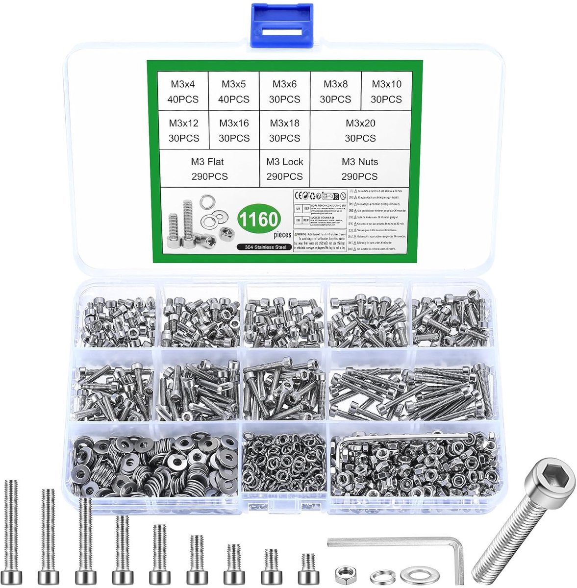 1160 stuks M3 roestvrij stalen schroevenset, zeskantschroeven, moeren, binnenzeskant schroeven, machineschroeven, assortiment