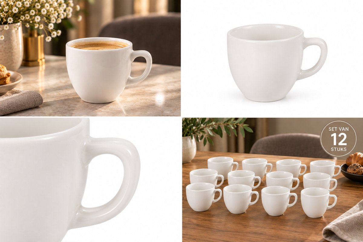 Fameilleur Koffiekopjes Wit 200 ml – Set van 12 – Porseleinen Kopjes met Oor – Koffiekoppen – Theekopjes – Koffieservies voor Koffie Thee Cappuccino –Witte Kopjes Horeca Restaurant Hotel Ontbijtservies Tafelservies- koffie kop- koffiemok- koffiekopje