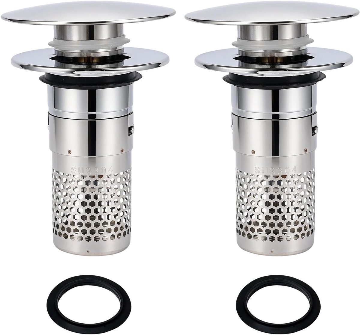 2 stuks wastafelstop, pop-up wastafelstop, kop van roestvrij staal, haarfilter, afneembare filtermand, voor wastafel, bidet, keuken, wastafel