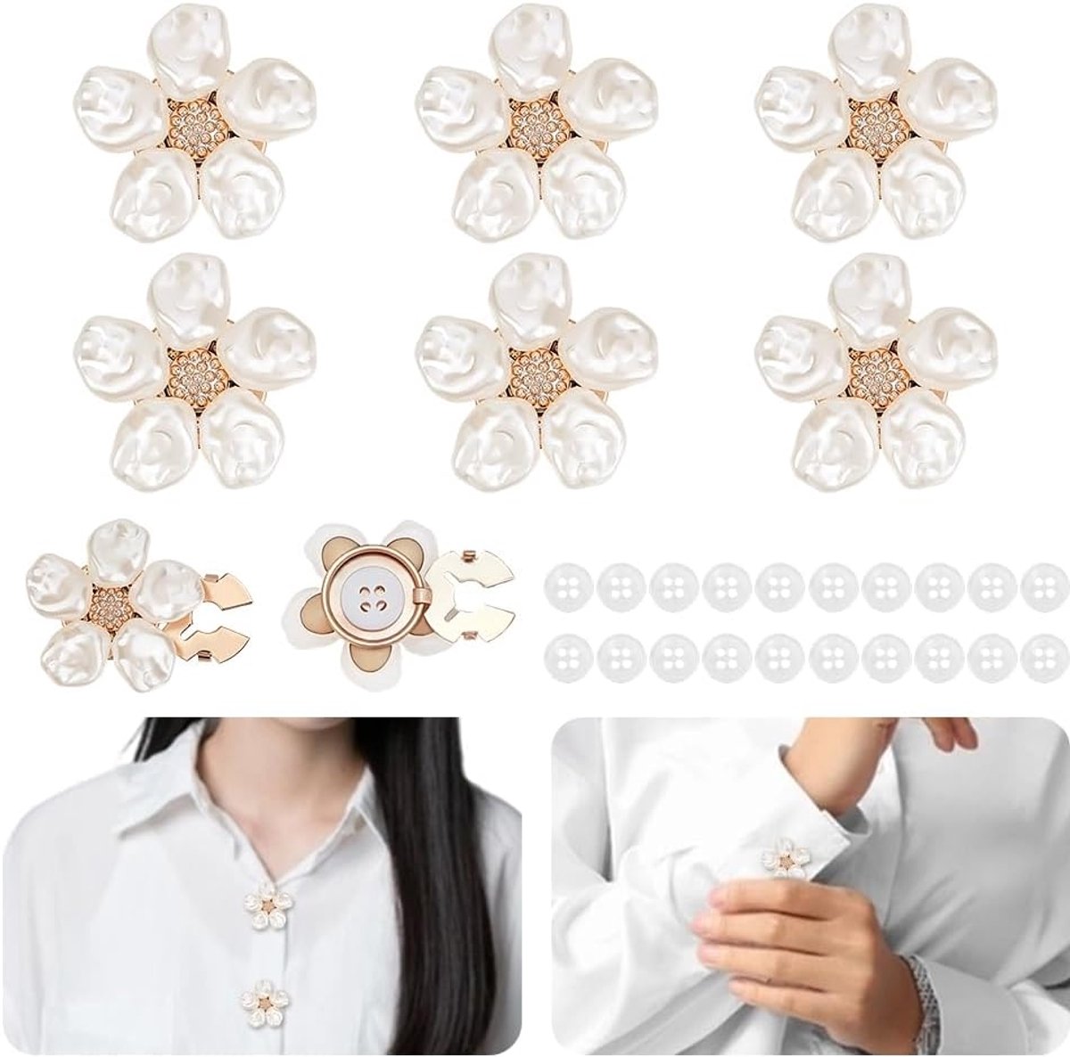 6 Stks Imitatie Parel Bloem Knop Covers Witte Strass Bloem Knop Covers Bloemen Knopen Sieraden Clip Strass Afneembare Clips Voor Vrouwen Blouses Shirts DIY Kleding Crafting