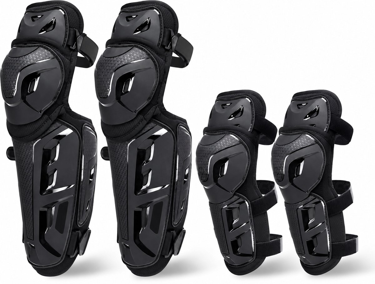Motor Kniebeschermers Set – 4-Delig – Knie-, Scheen- & Elleboogbescherming – Verstelbaar – Zwart