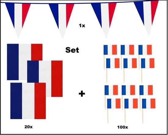 Ensemble de fête de la France avec banderole, serviettes et cure-dents.