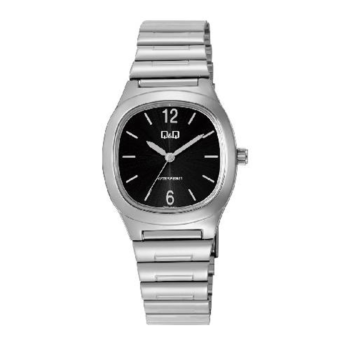 Q&Q-horloge-rond-ovaal-retro look-zilverkleurig-zwart-diameter 32 mm-3 atm-overzichtelijke wijzerplaat