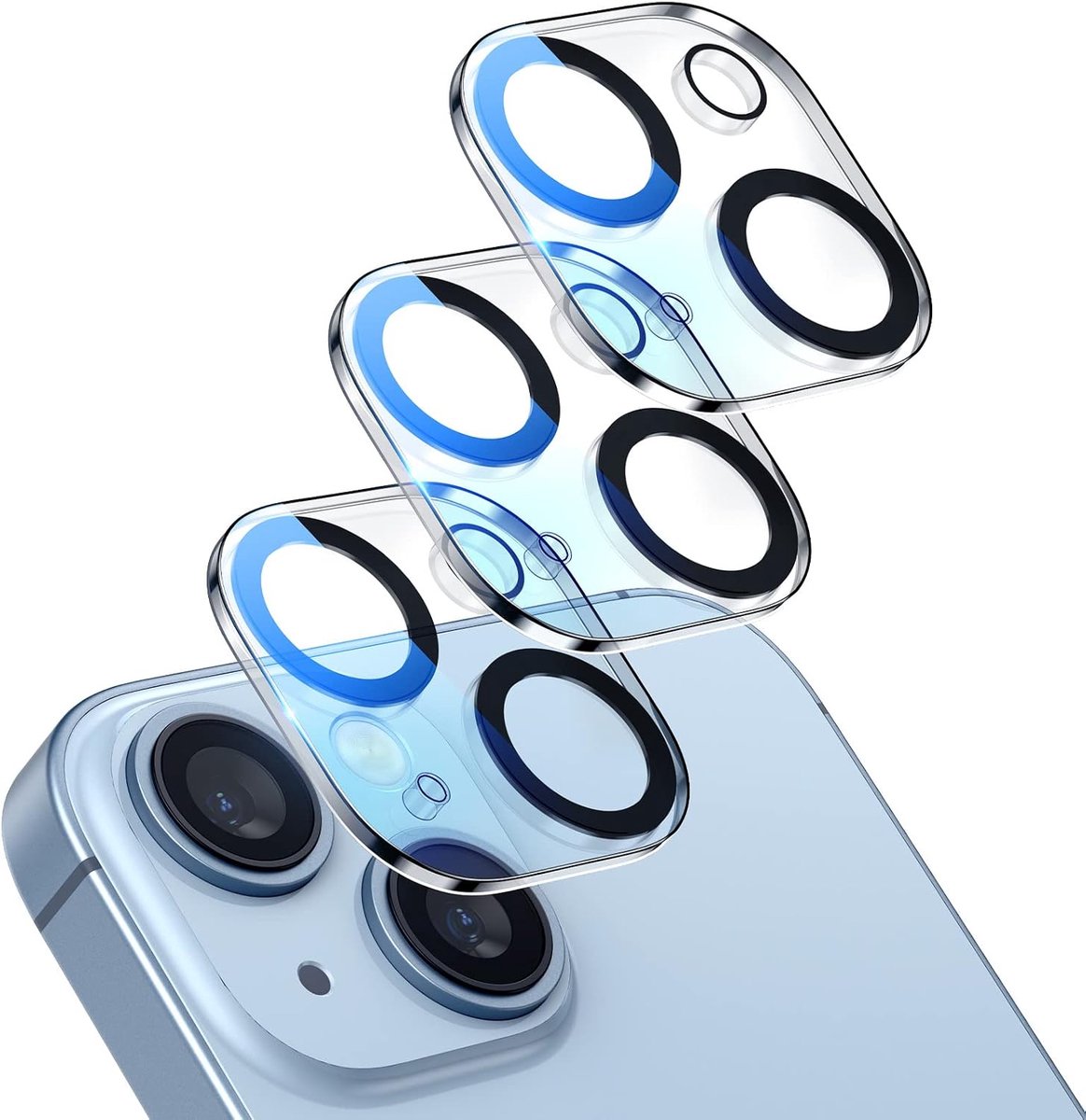 [3 stuks] Cameralensbeschermer voor iPhone 15/15 Plus, 9H gehard glas, krasbestendig, hoesvriendelijk, nachtcirkel, HD-helderheid zonder bubbel, volledige hoes
