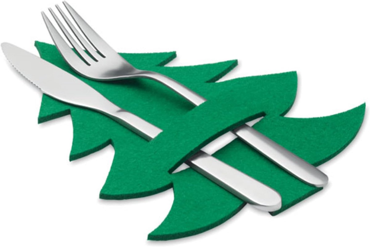 Set van 4 kerstbestektassen, bestekhouders in de vorm van een dennenboom van gerecycled PET X-Mas Christmas tafeldecoratie, duurzaam, milieuvriendelijk, groen, rood of grijs (groen)