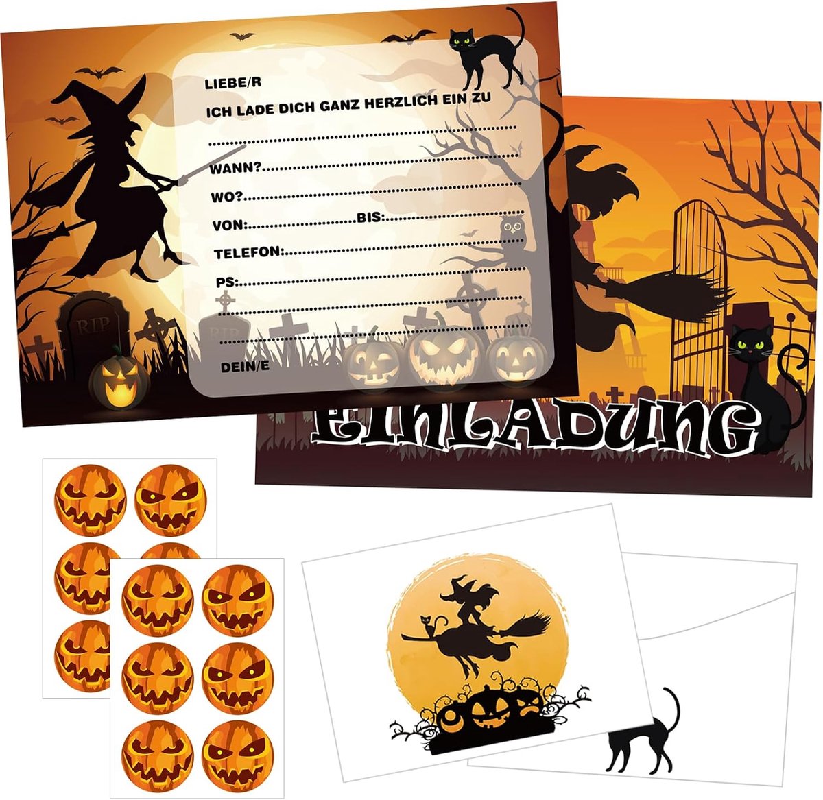 36 stuks Halloween uitnodigingskaarten, Halloween wenskaarten, griezelparty uitnodigingen kaarten met enveloppen en stickers, kinderverjaardagsuitnodigingen, uitnodigingskaarten voor Halloween,