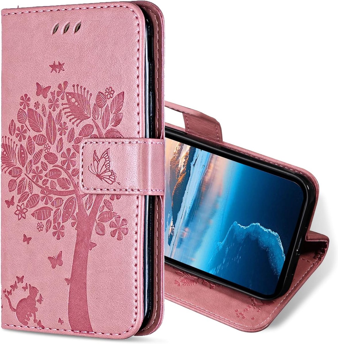 Hoesje voor iPhone 12 Mini, Kunstleren Bookcase Hoes met Pasjeshouder, Retro Kat en Boom Telefoonhoesjes Wallet Case voor iPhone 12 Mini (Roze)