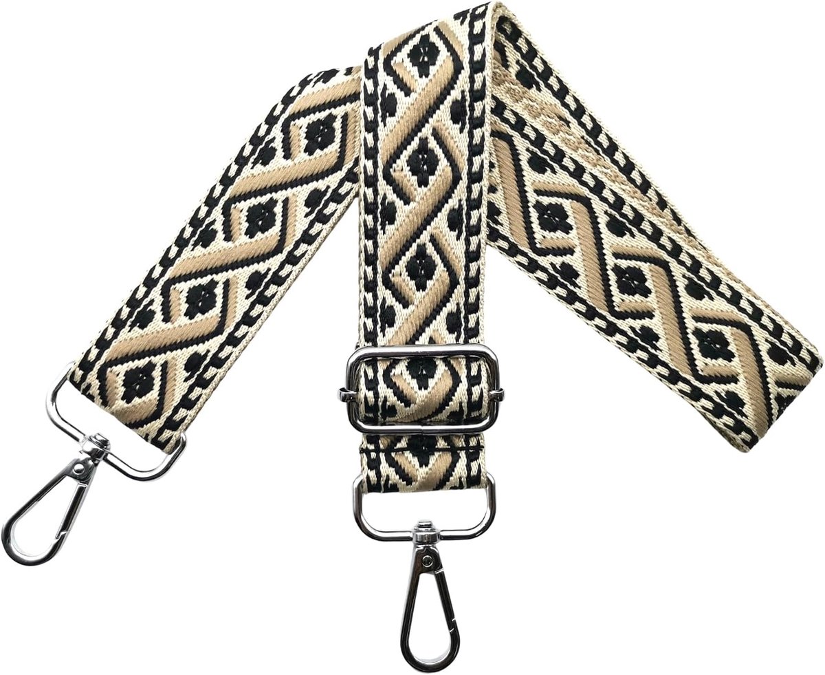 Tasriem om te wisselen, schouderriem voor tas, verstelbare tasriem, breed, 3,8 cm, met zilveren karabijnhaak, schouderriem, tasband, draagriem voor handtassen, zwart/kaki, R15