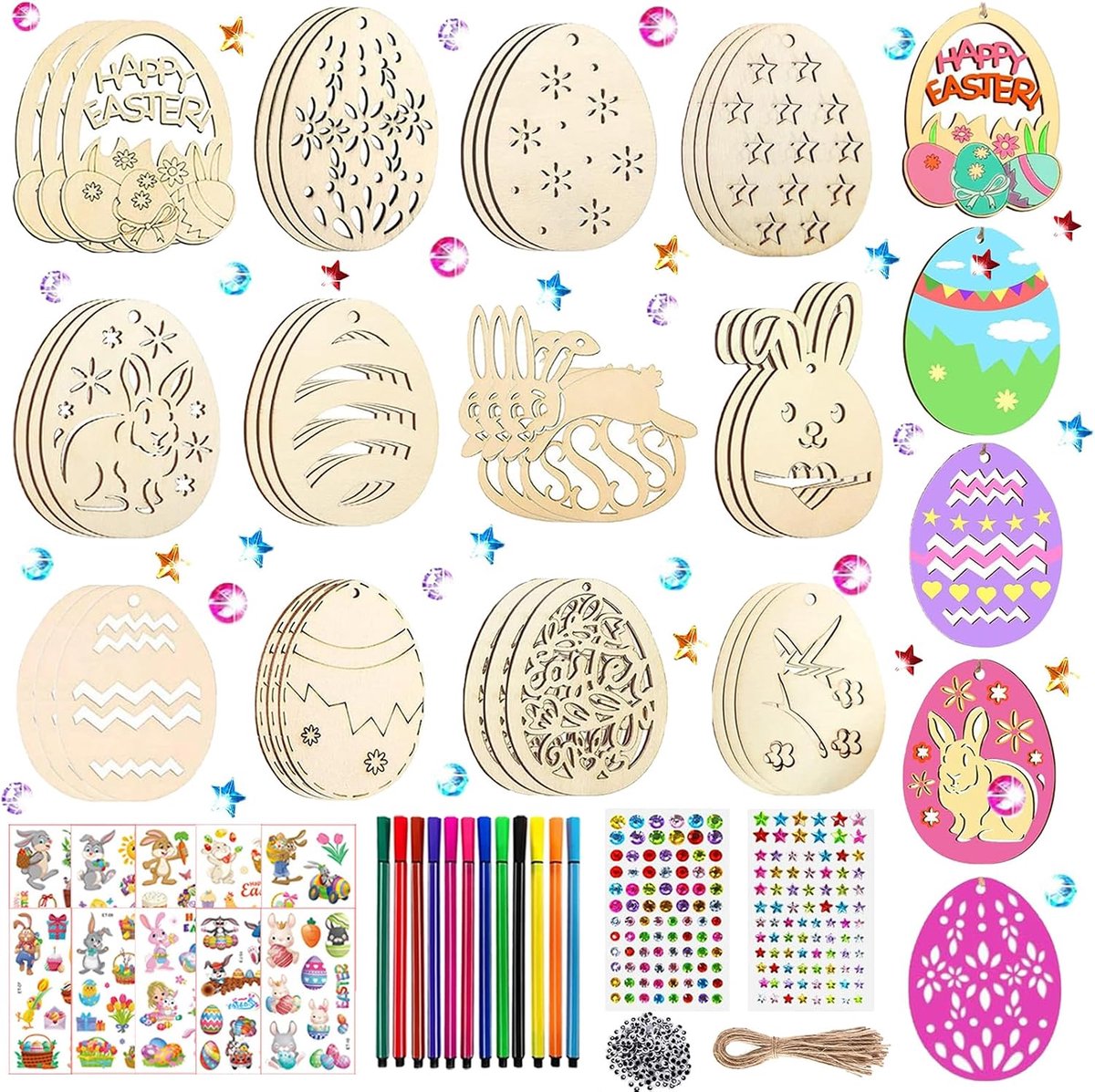 396 stuks Pasen knutselen voor kinderen, houten hangers voor Pasen, om te beschilderen, knutselen, Pasen kinderen, met houten hanger, aquarelstift, strass oog, bel, touw, sticker, pompons (geel C)