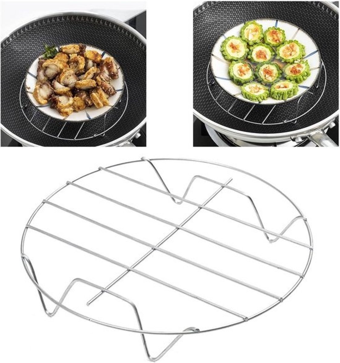 Stoomrek Hoge Voet - Keuken Accessoire - Gezond Koken - Roestvrij Staal - 20 x 20 x 3 cm - Zilverkleurig