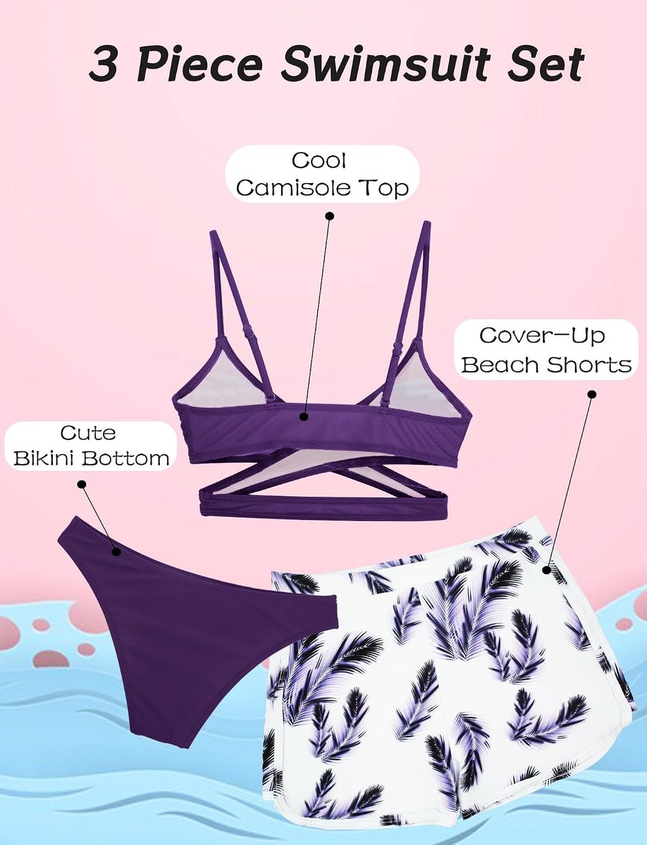 Meisjesbadpak, 3 stuks, bikini, overall, camisole top met bedekking, strandshorts, kinderen, zwemmen, kostuum, surfen, badmode, 8-15 jaar