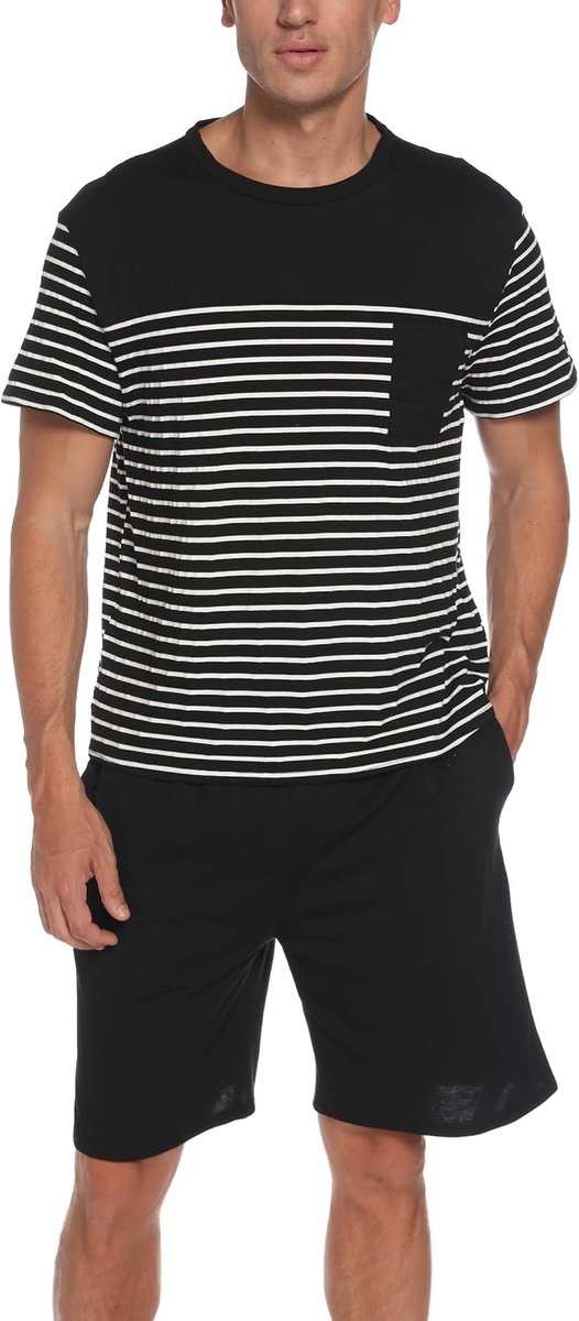 Korte Pyjama Gemaakt van Katoen Contrasterend Streepontwerp Zomer Pyjama Heren Ronde Hals Korte Mouw Top en Pyjamabroek met Zak Nachtkleding Huispak Nachtkleding