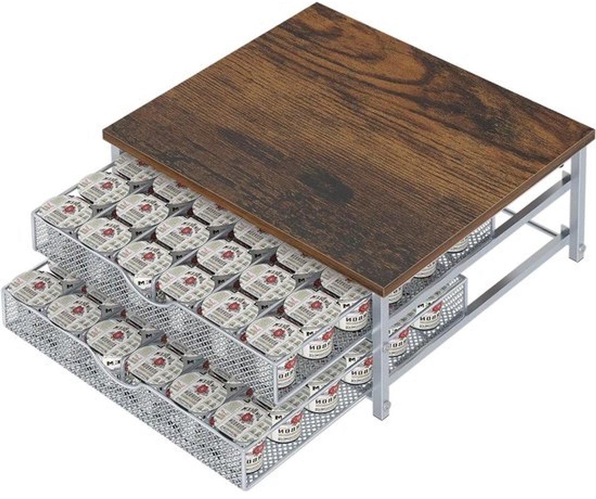 Koffiepadhouder - Opberglade - Keuken Organiseren - Houten Bovenblad - 72 Pads - Zilver
