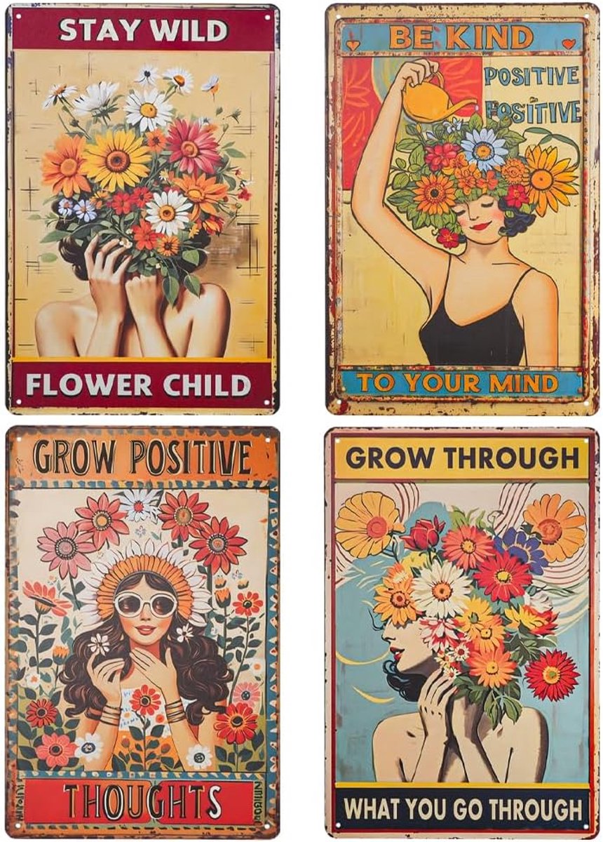 Set van 4 vintage metalen borden, retro schilderij met bloemenmeisje, retro, ijzer, wanddecoratie, voor huis, bar, café, restaurant, pub (30 x 20 cm)
