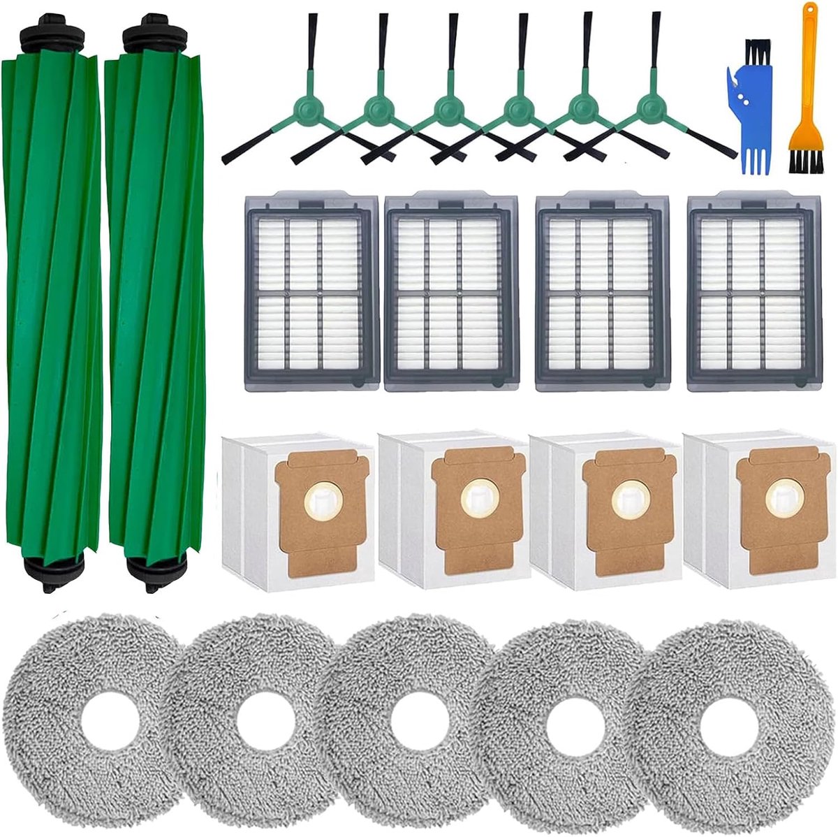 23 stuks vervangende onderdelen compatibel met iRobot Roomba Plus 505/405 Combo Stofzuiger Accessoires, hoofdborstel x 2, zijborstel x 6, filter x 4, dweildoek x 5, stofzak x 4, reinigingsborstel x 2