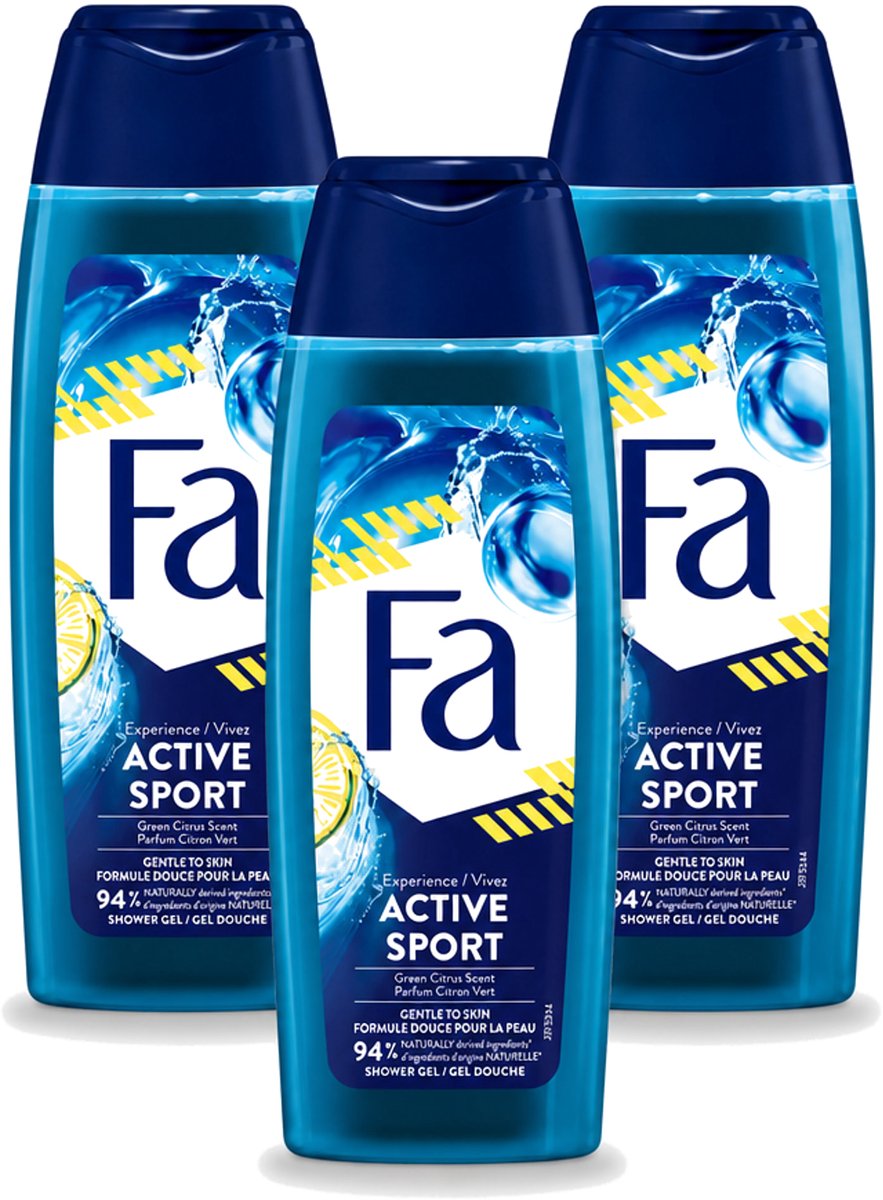3 x Fa Men - Douchegel - Active Sport - Verfrissend - Green Citrus - 250 ml - Voordeelverpakking - 3 stuks