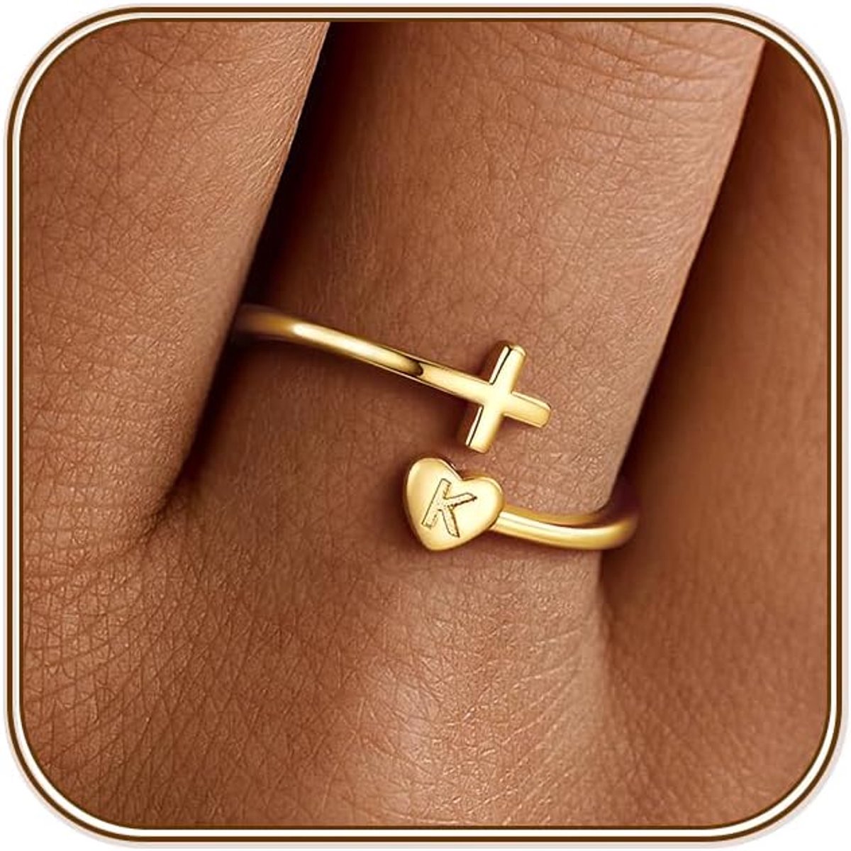 Ringen goud voor dames en meisjes, 14K verguld, waterdicht, hartringen met letters, kruis, stapelbaar, belofte, duimring, verstelbare ringen, geschenken voor vrouwen, tieners en meisjes