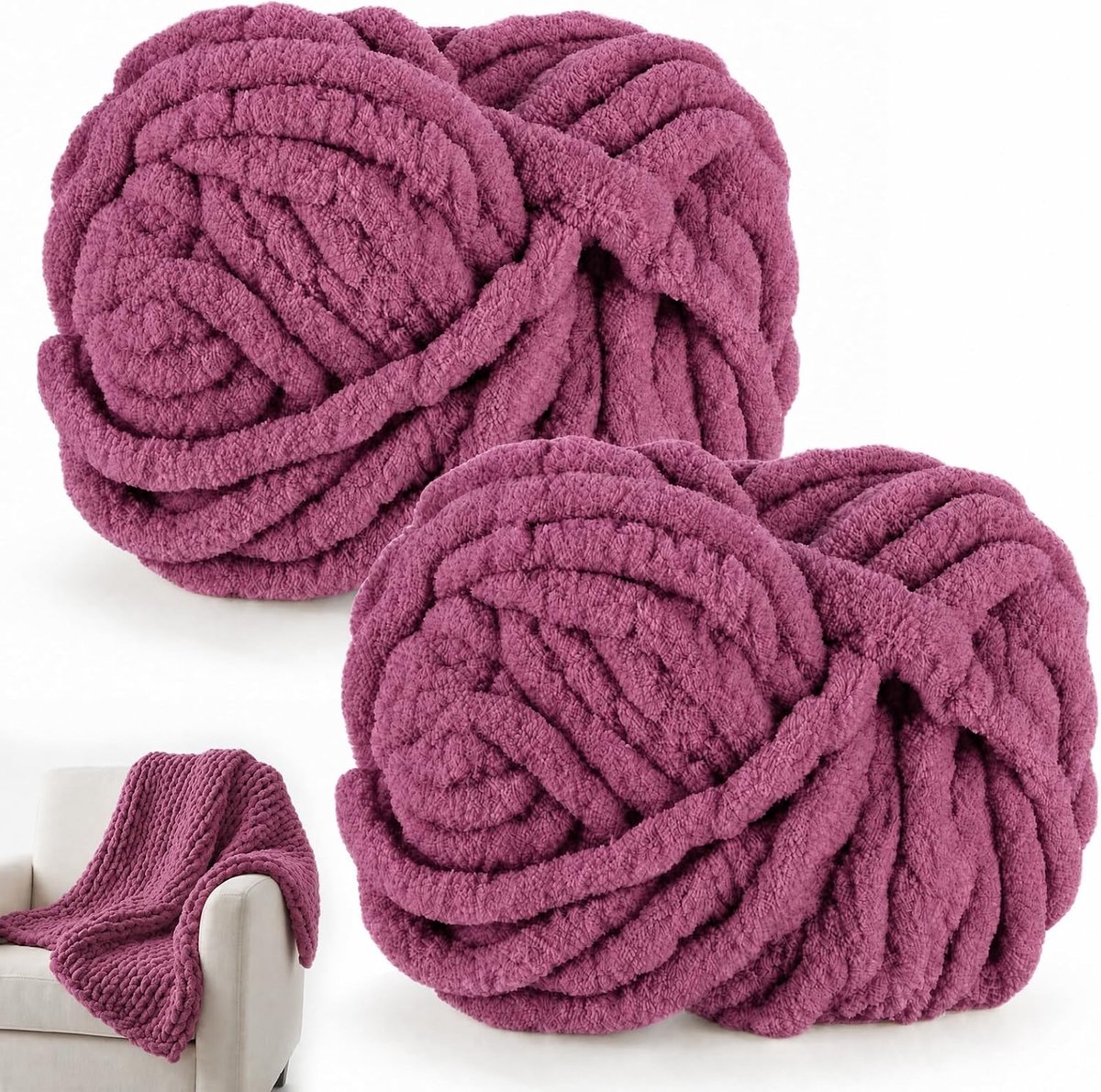 wol om te breien, 250 g x 2 chunky garen voor handbreien, pluizige zachte wol, XXL-armbreiwol voor het haken van dekens, sjaals, mutsen, huisdiernest (33 aubergine)