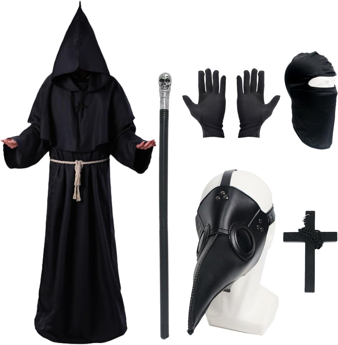 Kostuumset, Pestdoktermasker Steampunk Zwarte Robe, Hoed, Balaclava, Scepter, Kruisketting, Zwart Masker voor Halloween Kostuumfeest