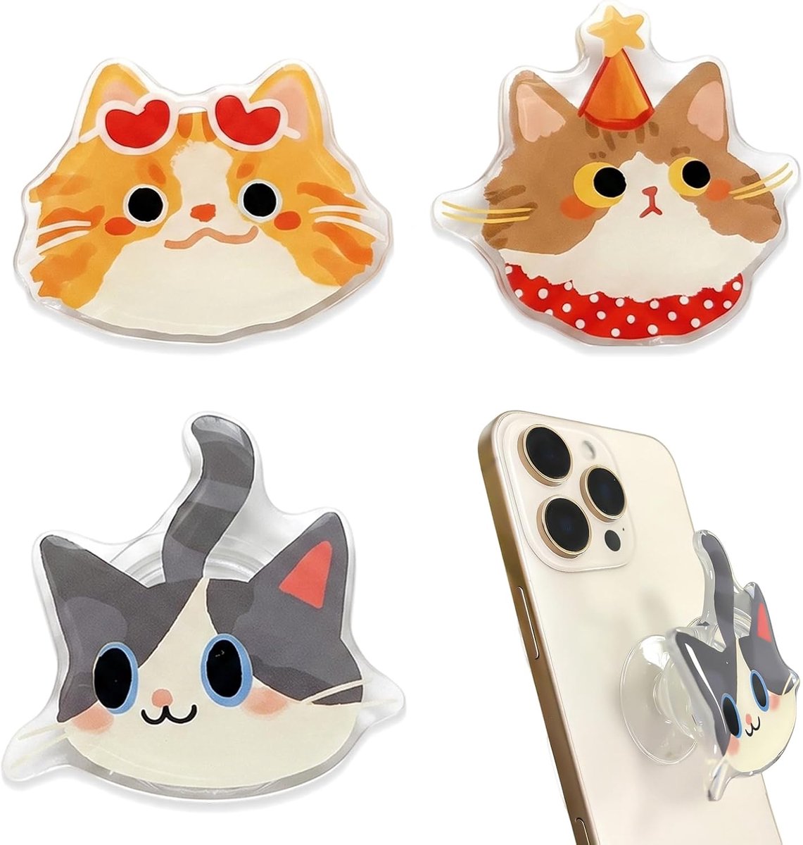 3 stuks telefoonhouders met schattig kattendesign, veilige grip, inklapbaar en intrekbaar, ideaal voor smartphones en tablets