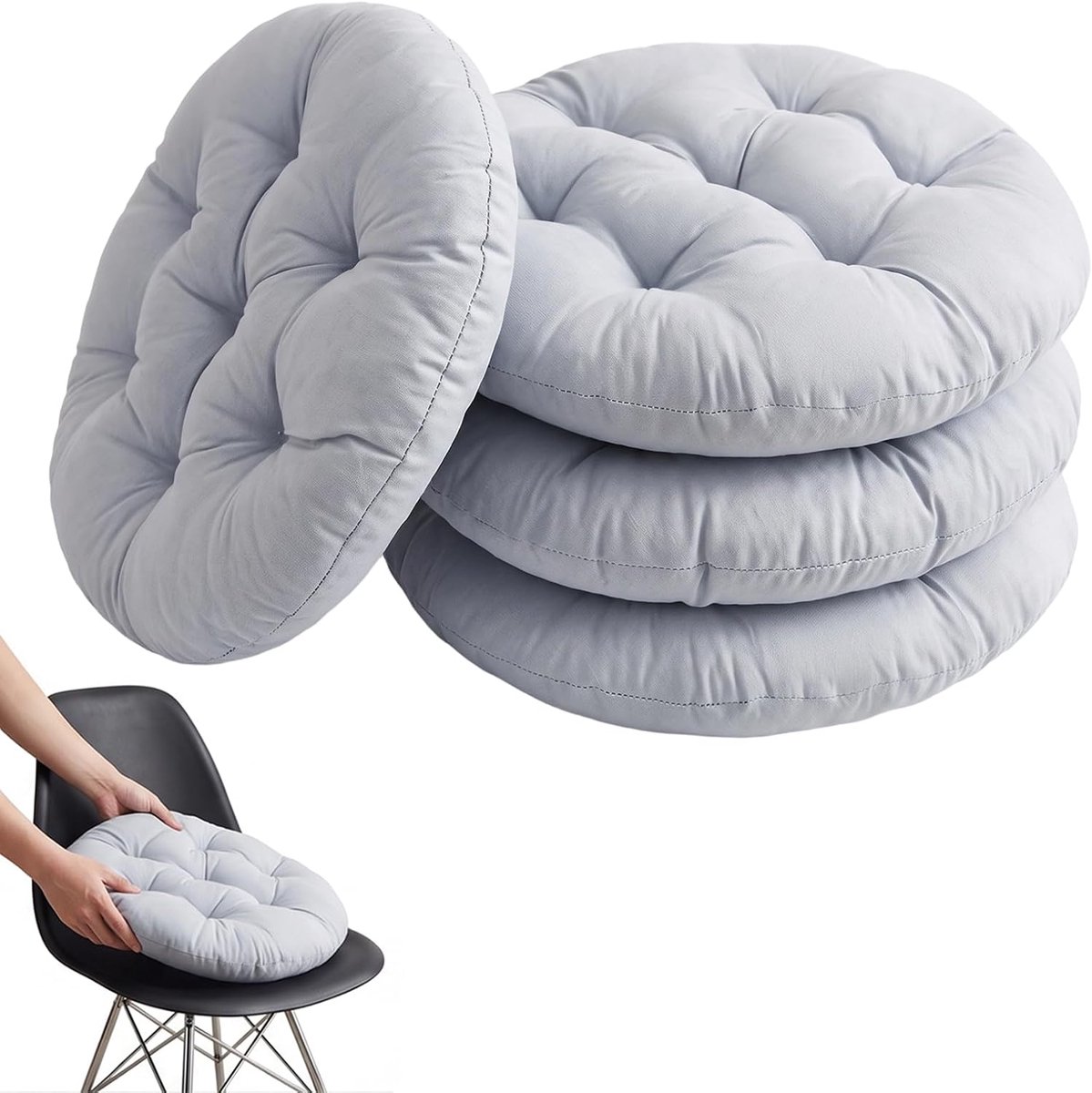 Set van 4 ronde stoelkussens, 40 cm, rond zitkussen, gevuld zitkussen, comfortabel zitkussen, stoelkussen voor binnen, buiten, keuken, tuin, eetkamer, woonkamer, werkkamer (lichtgrijs)