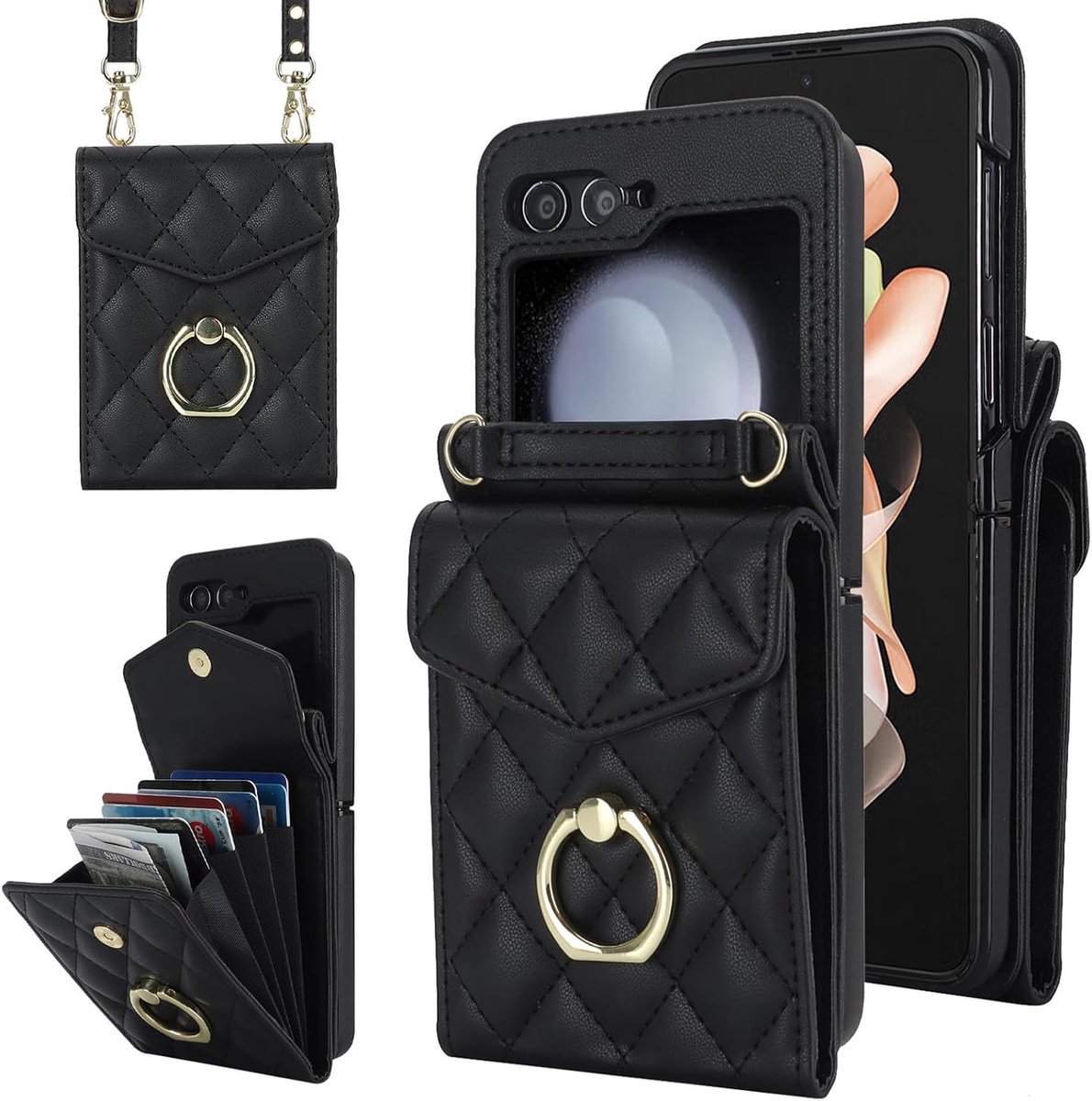 Telefoonhoes met koord voor Samsung Galaxy Z Flip 5 5G, portemonnee, hoes van PU-leer, met kaartenvak en 360 graden ringstandaard, klaphoes, magneetsluiting, zwart