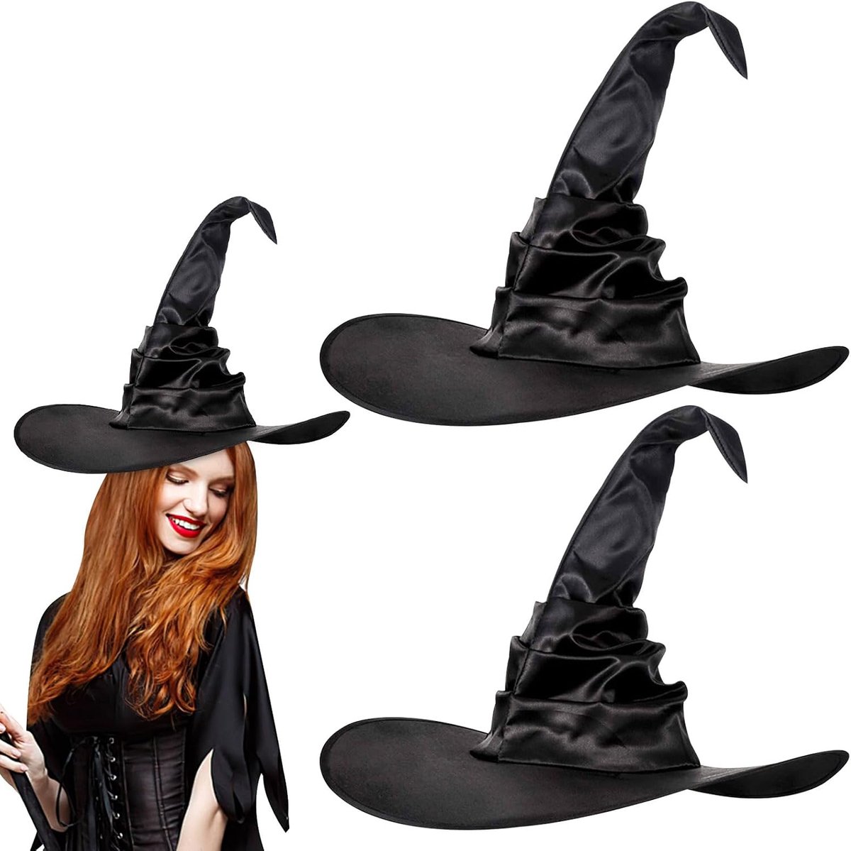 2 stuks, 45 cm, Halloween heksenhoed, heksenhoed voor dames, opvouwbare zwarte heksenmuts, heksenaccessoires voor Halloween, carnaval, cosplay, maskerade