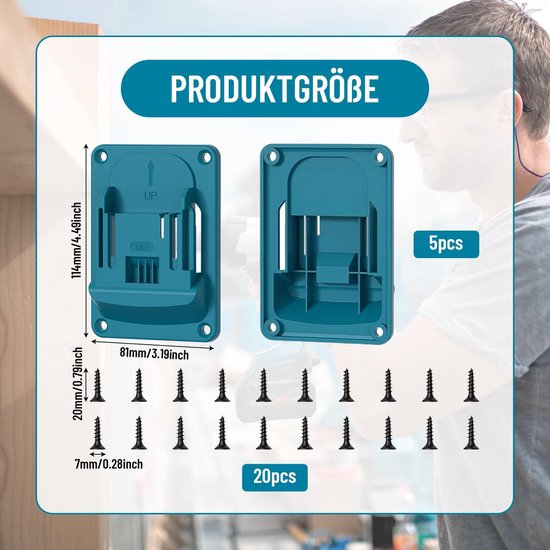 5 stuks wandhouder, gereedschapshouder voor Makita 18V accuschroevendraaier en elektrisch gereedschap, schroevendraaier-gereedschapshouder met 20 schroeven, voor werkplaats, garage, machine, 14,4-18 V — afbeelding 2