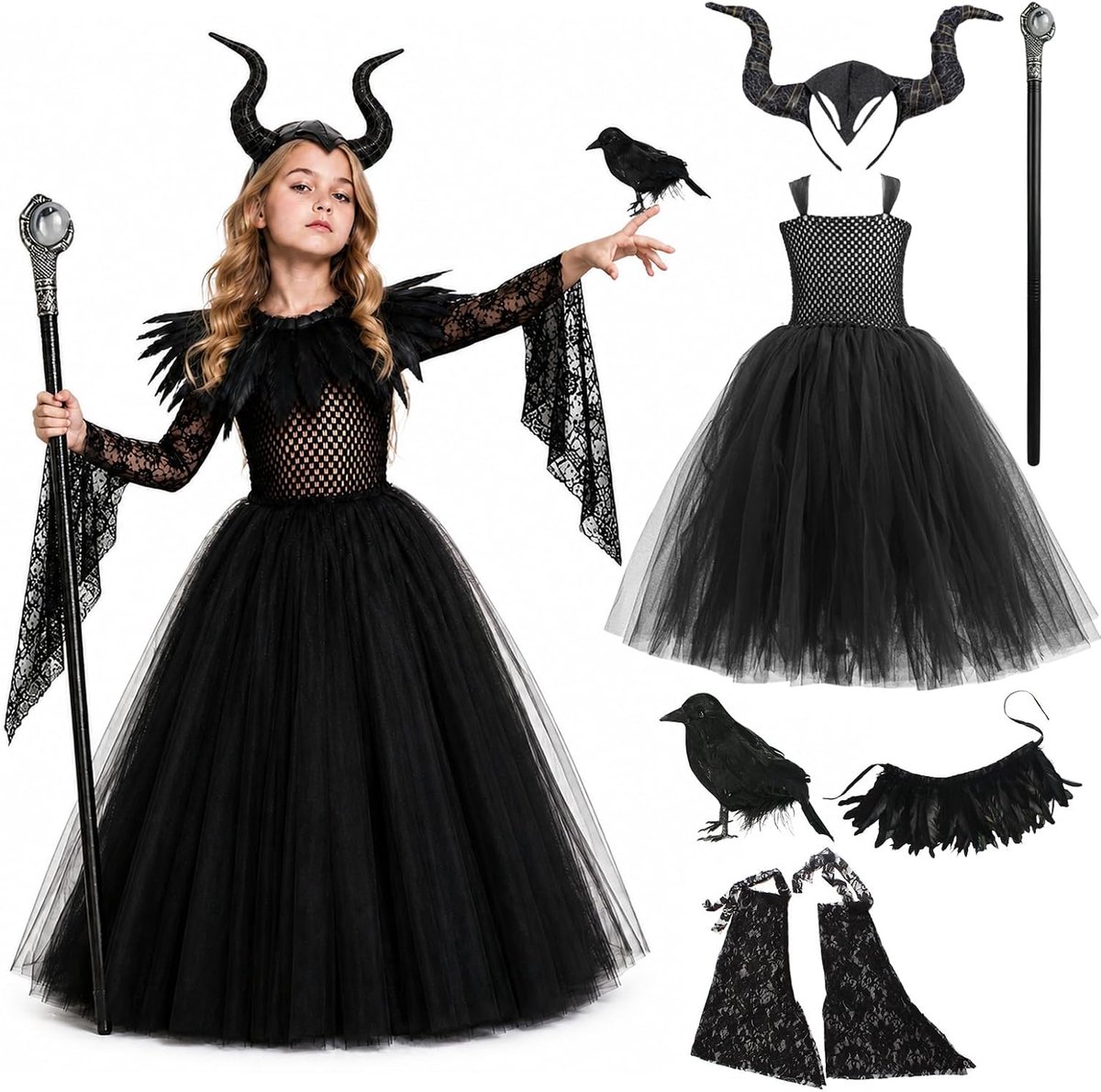 Maleficent kostuum voor dames, Victoriaans gothic, duivelsvleugelkostuum, koningin hoorns, verencape en tule rok, lang, duivelshoornkostuum voor dames, cosplay, party, carnaval