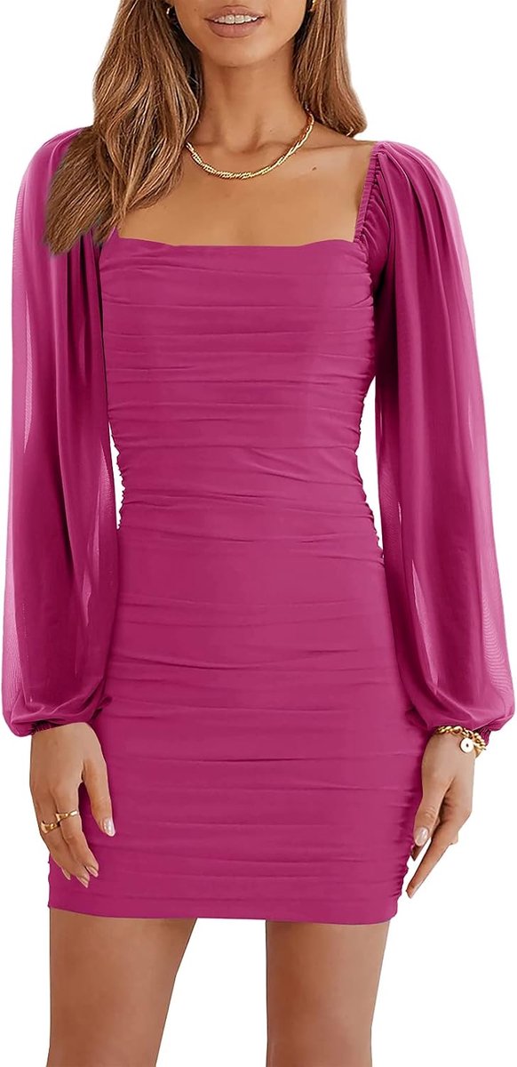 Mini-jurk voor dames, mesh, lange mouwen, vierkante hals, ruches, party, club, cocktail, bodycon