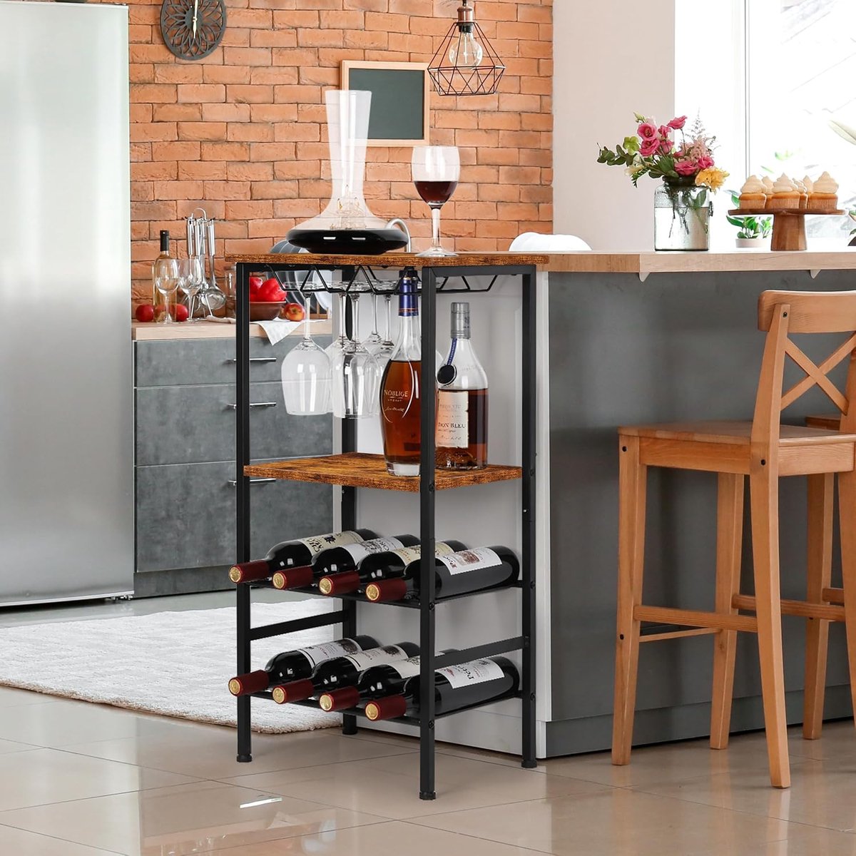 Wijnrek Vrijstaande Vloer Wijnbar Rack met Glazen Houder en Tafelblad 8 Fles Houten Wijntafels Met Rekken 4 Tier Wijnfles Organizer Display Opbergstandaard, Rustiek Bruin — cadeau in Cadeau-ideeën - foto 7