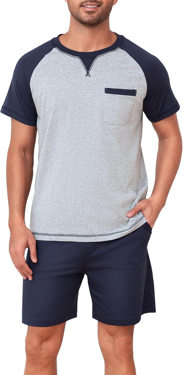 Herenpyjama van 100% katoen, zomerpyjamaset met raglanmouwen, tweedelig ademend huispak voor mannen, nachtkleding met borstzak en trekkoord