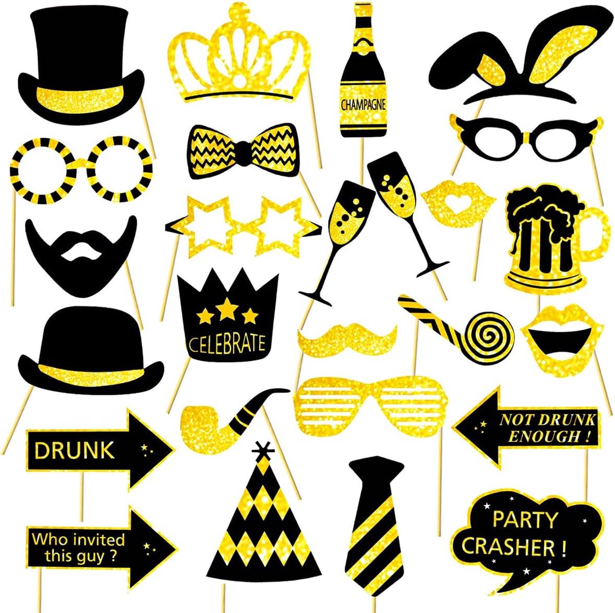 26 Stuks Party Photo Booth Props Photobooth Props Decoratie Grappige Photo Box Accessoires voor Bruiloft Reünie Verjaardagen Prop Dress-up (Goud)