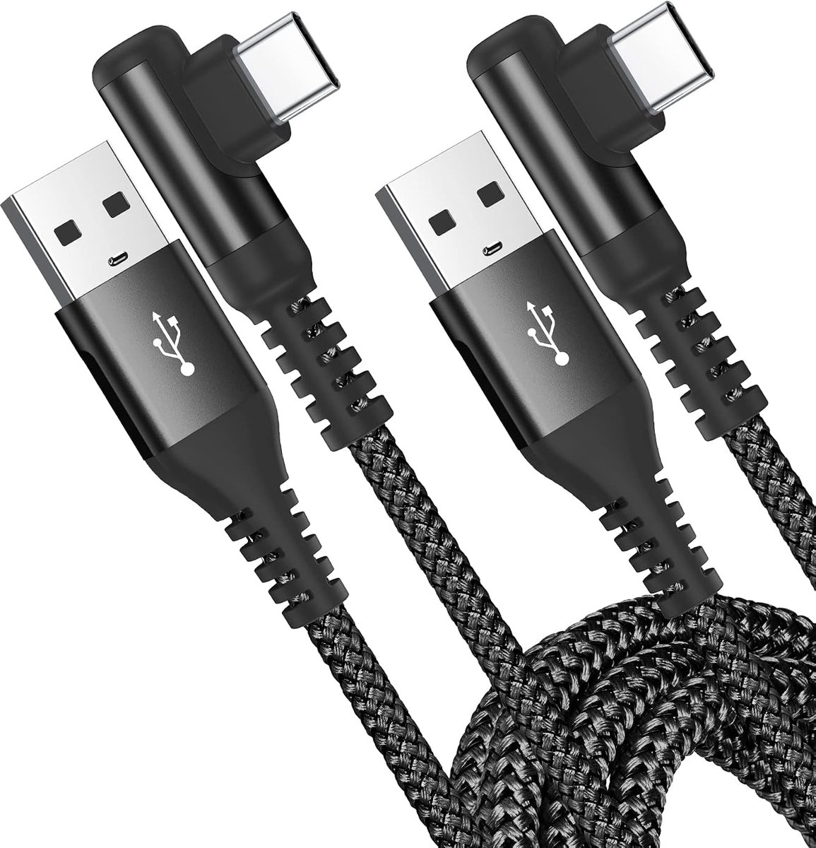 [2-pack] USB C Kabel 1M,90 Graden snel opladen 3.1A nylon USB C-oplaadkabel voor iPhone 15 16 Pro Max, Samsung Galaxy S25 S24 S23 S22 S21 S20 S10 S9 S8 Plus, Note 20/10, A71 A55 A52, Flip Pixel 8/7
